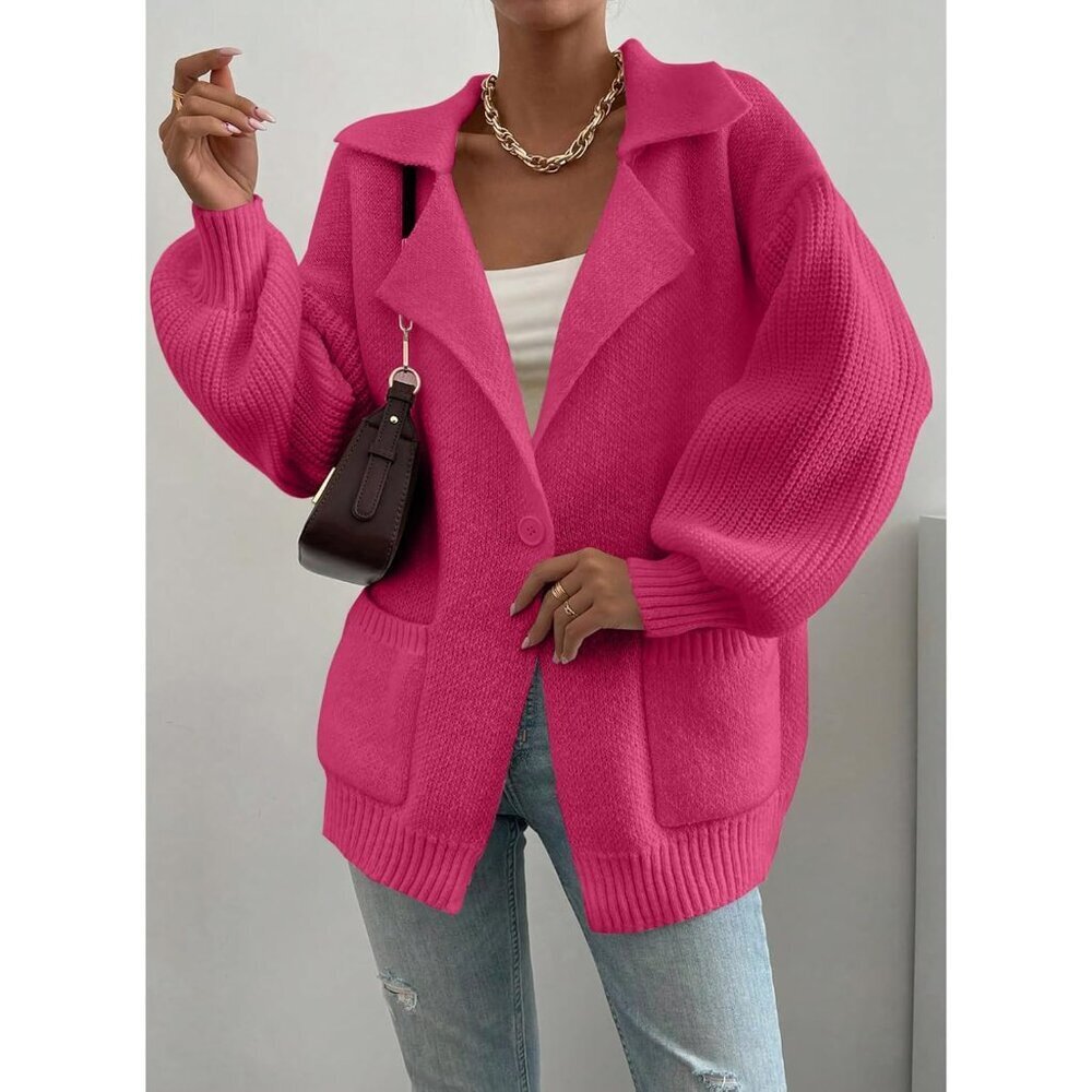 Women's Knit Cardigan Lantern Sleeve Warm Casual Open Front Sweater - Picture 2 of 3